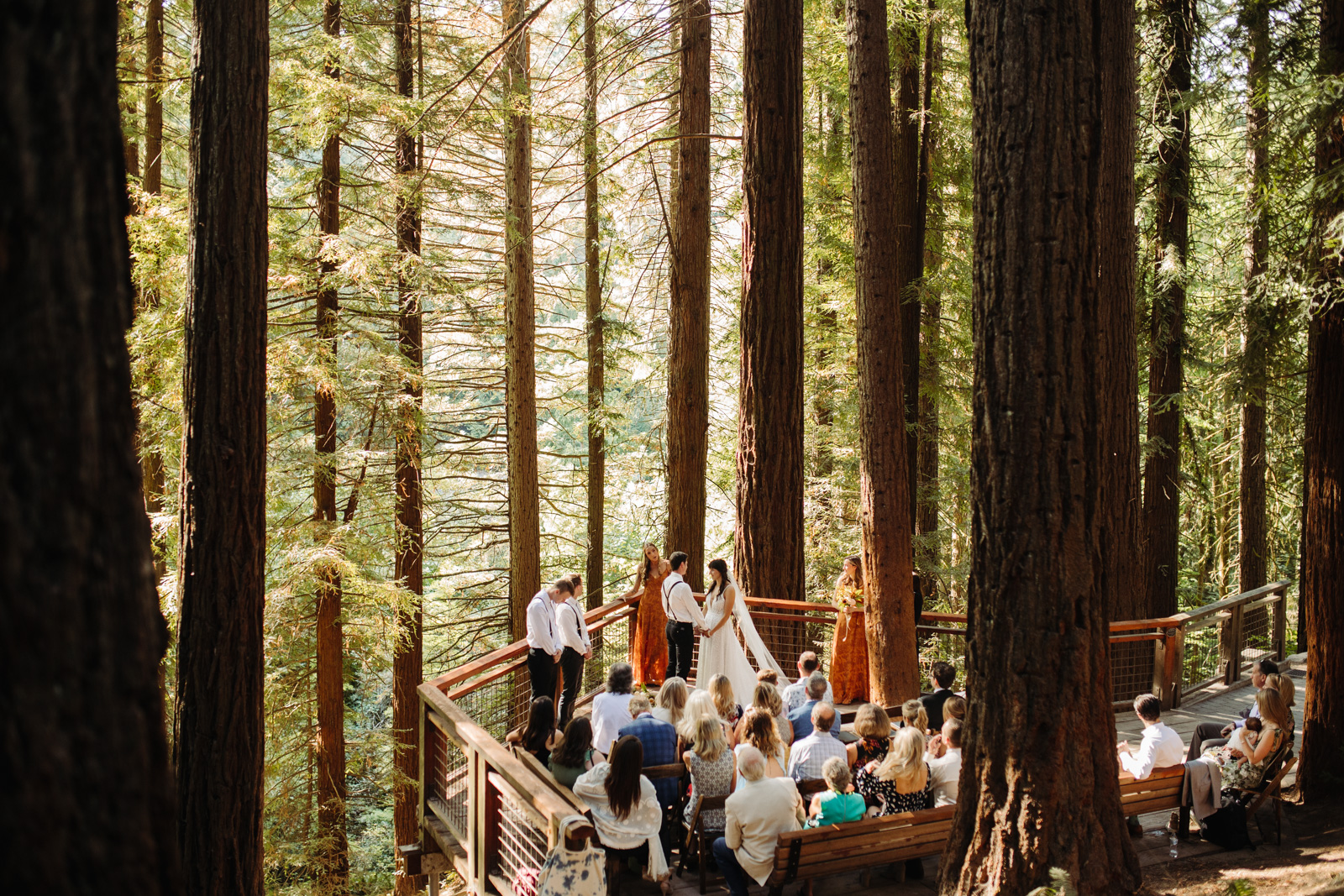 A bride and groom getting married on the redwood deck at hoyt arboretum